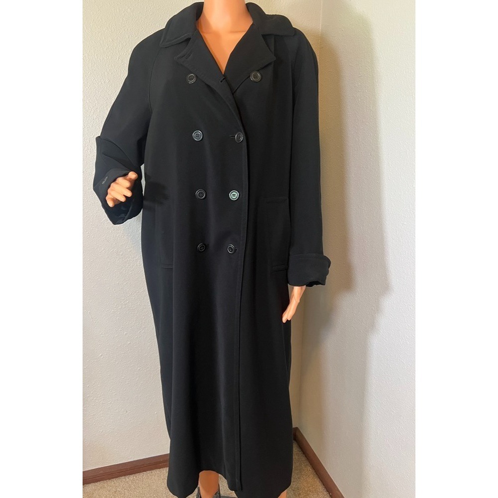 Rain Shedder Petite 14P Black Long Coat Hooded Double Breasted‎ Lined Classic